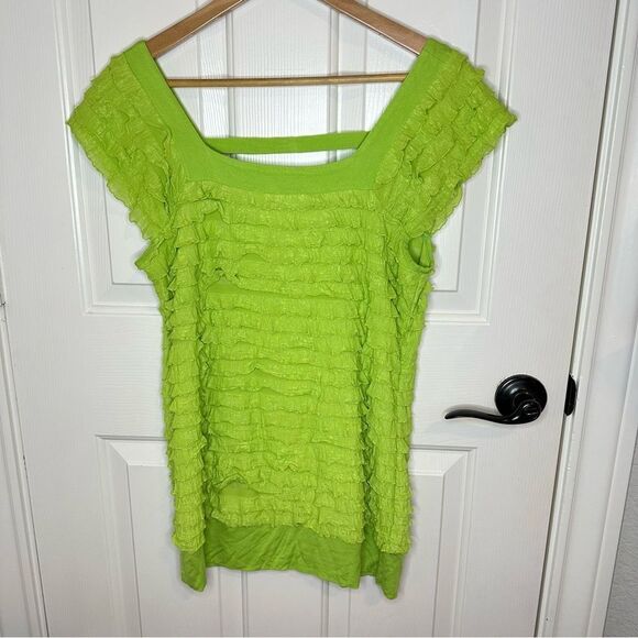 Y2K J.T.B. Green Squareneck Ruffled Blouse Sz L Festival 2000s Baddie Lagonlook - Picture 1 of 5